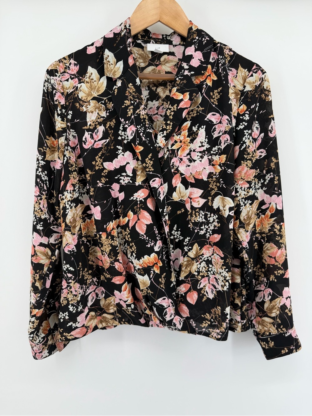 J. Jill Black Floral Wrap Blouse with Pink and Tan Accents